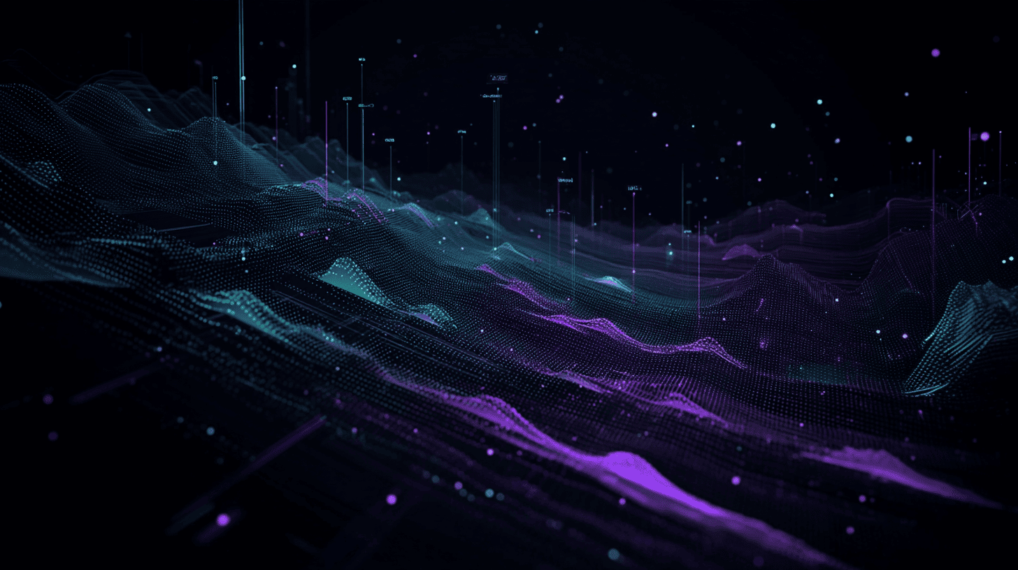 Abstract data visualization with purple and green accent colors on dark background