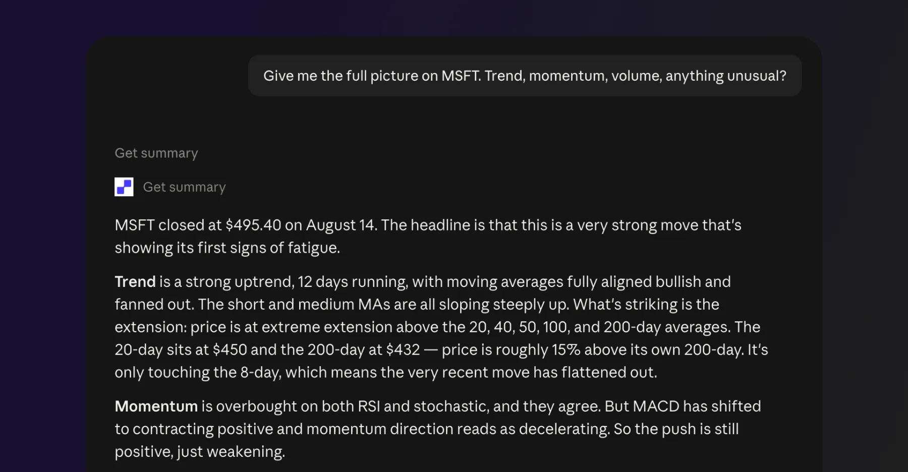 Claude analyzes MSFT trend, momentum, volume, and fundamentals using TickerDB